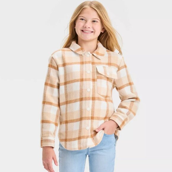 Cat & Jack - Girls' Plaid Button-Front Long Sleeve Shacket - Beige Plaid - Picture 1 of 13